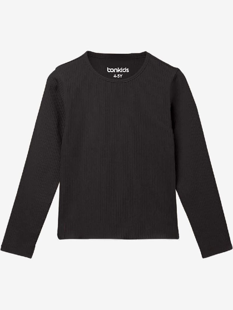 Girls Black Casual Solid Regular Fit Full Sleeves Tshirt