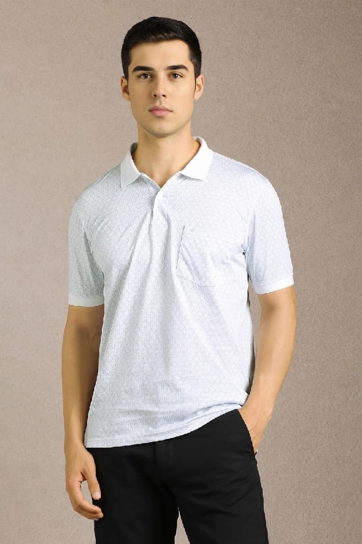 Men's White Casual Printed Regular Fit Polo Tshirt