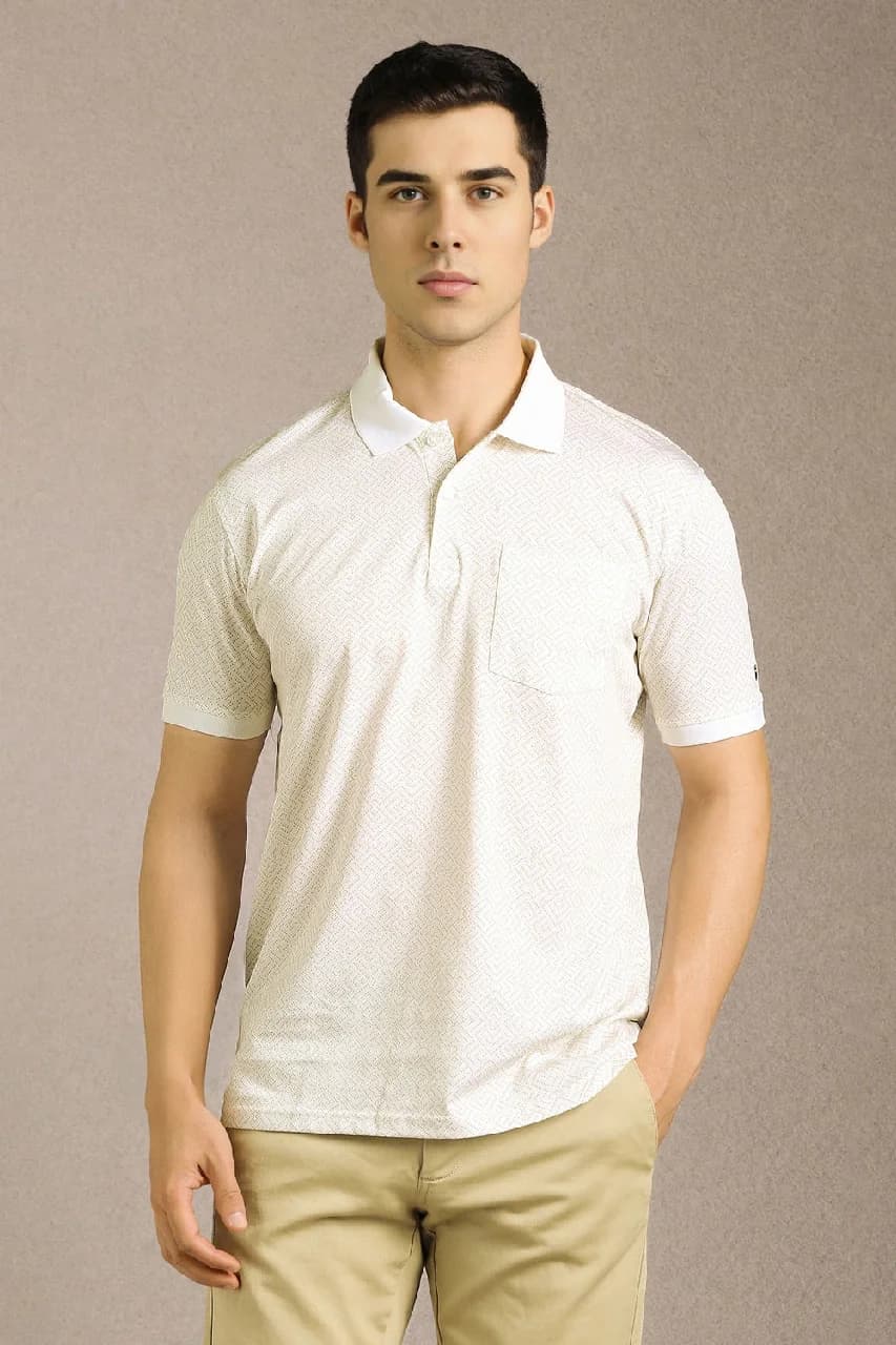 Men's White Casual Printed Slim Fit Polo Tshirt