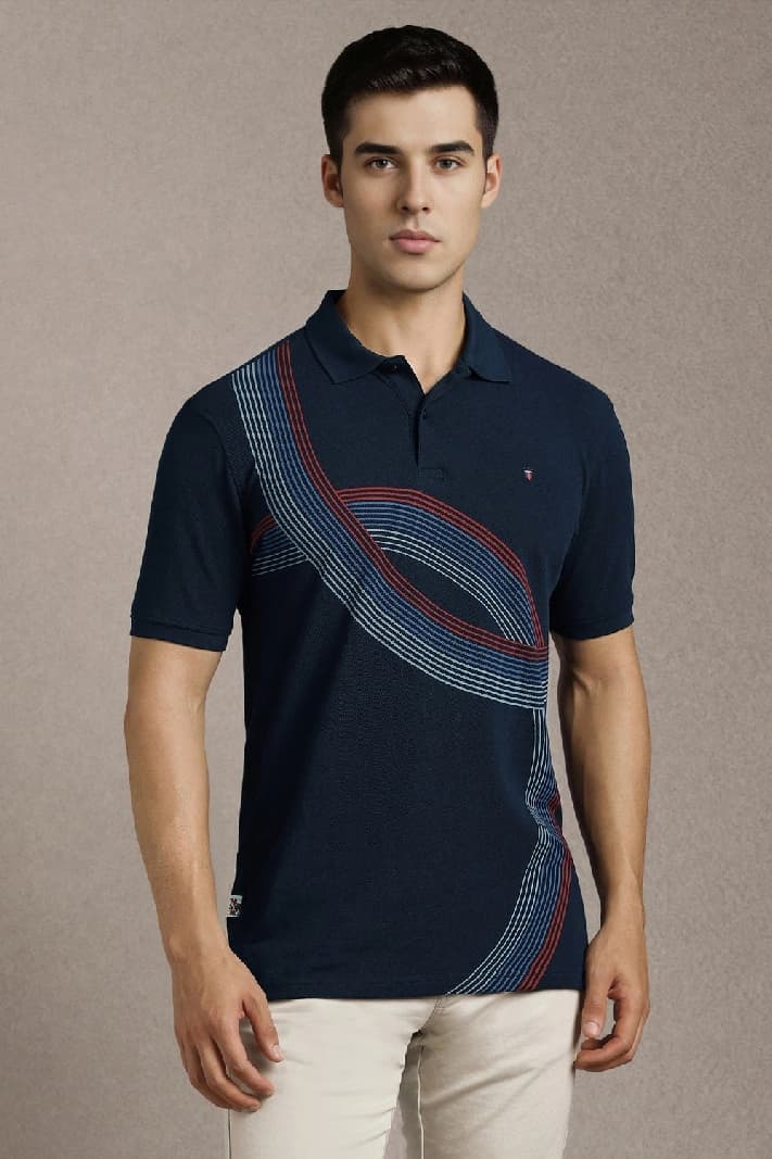 Men's Navy Casual Printed Slim Fit Polo Tshirt