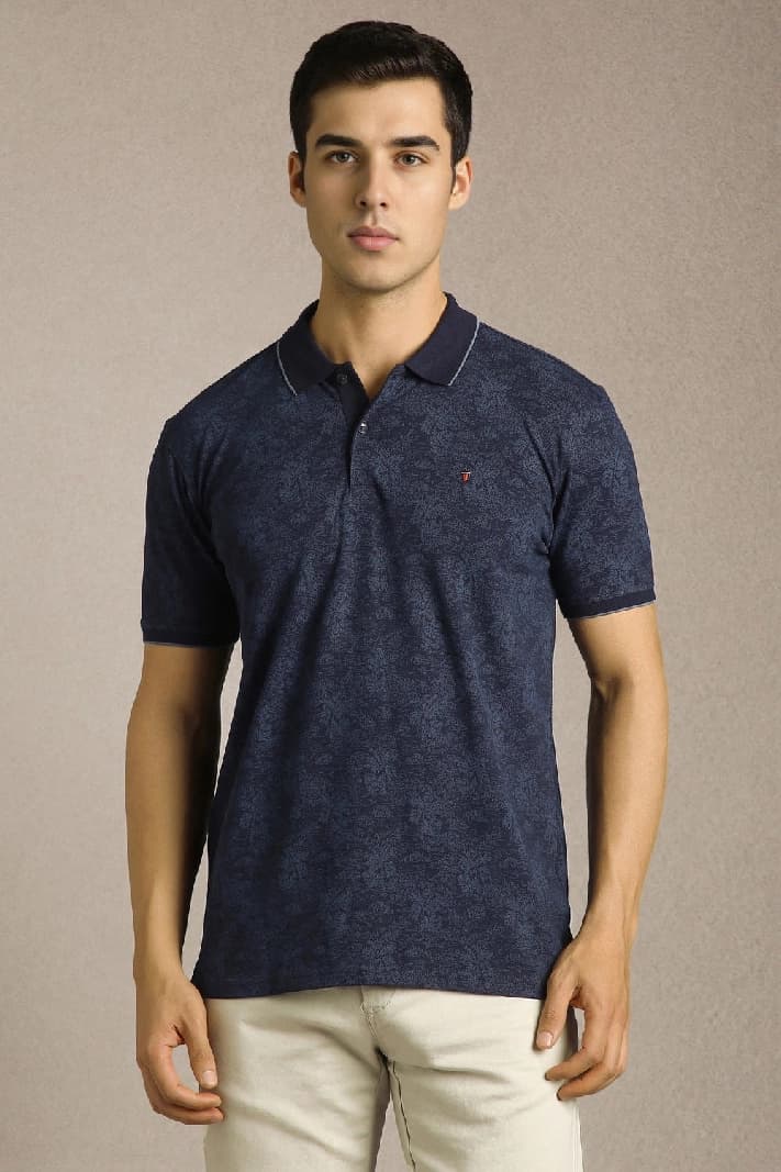 Men's Navy Casual Printed Slim Fit Polo Tshirt