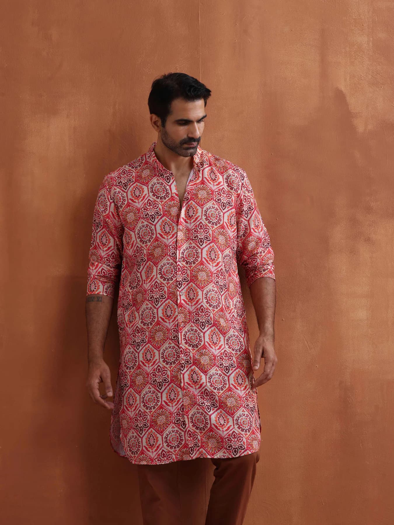 Men's Red Festive Printed Regular Fit Kurta