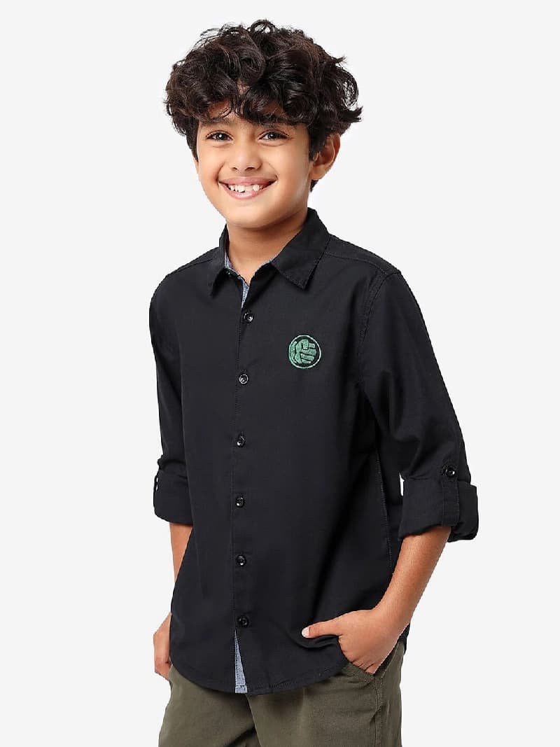 Boys Black Casual Solid Regular Fit Full Sleeves Shirt