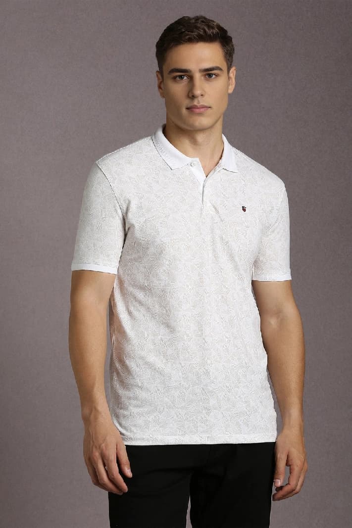 Men's White Casual Printed Slim Fit Polo Tshirt