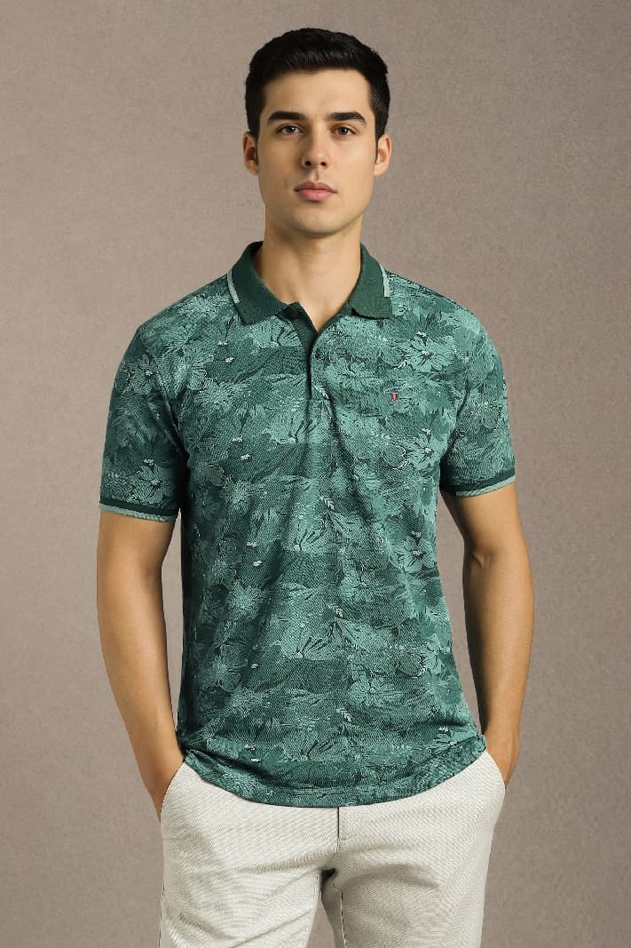 Men's Green Casual Printed Slim Fit Polo Tshirt