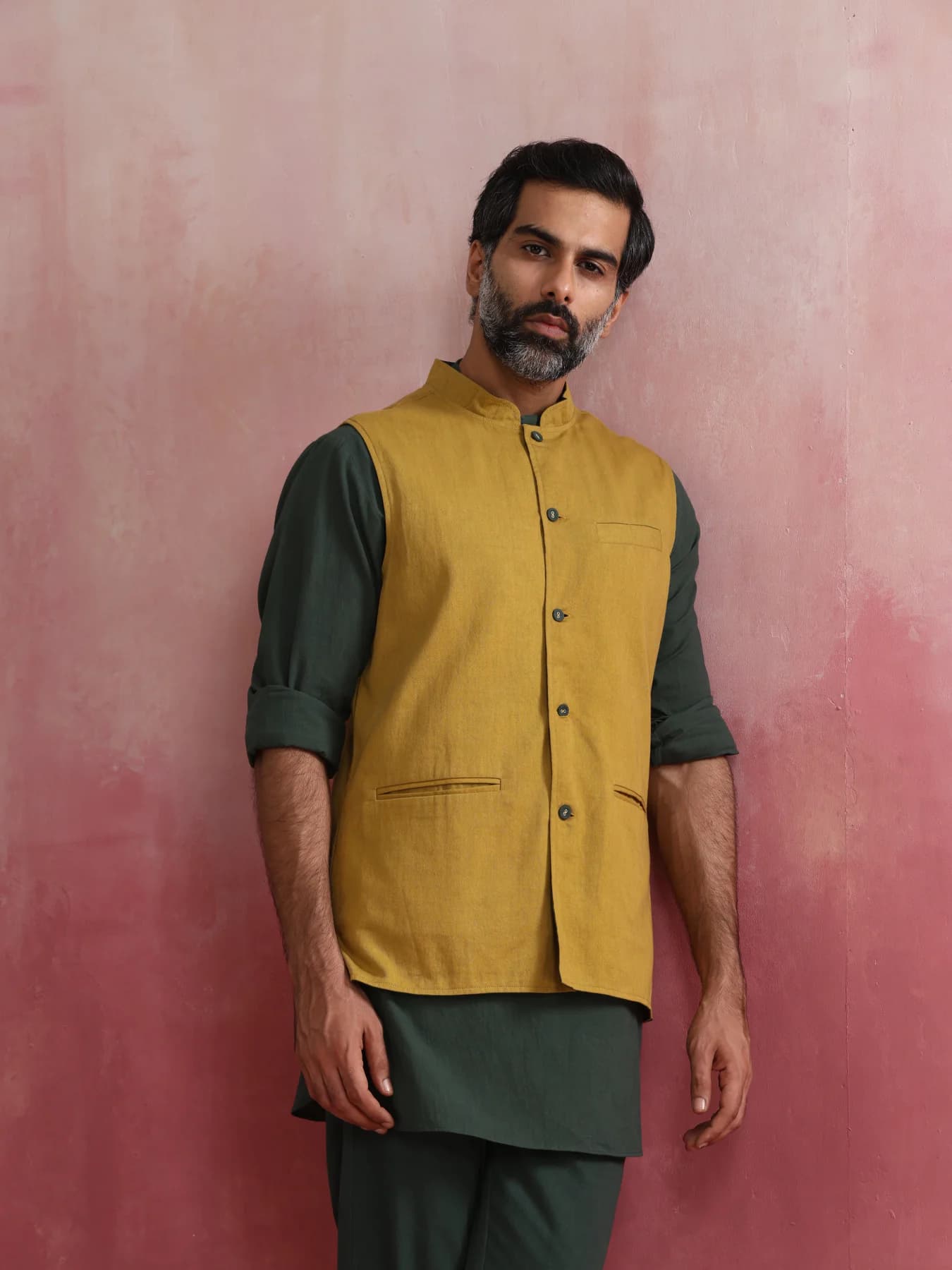 Men's Yellow Festive Solid Regular Fit Jacket