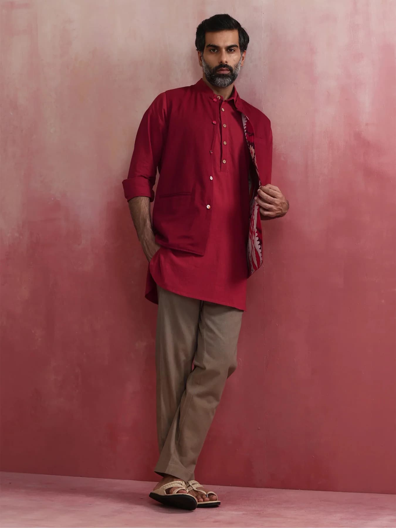 Men's Red Festive Printed Regular Fit Jacket