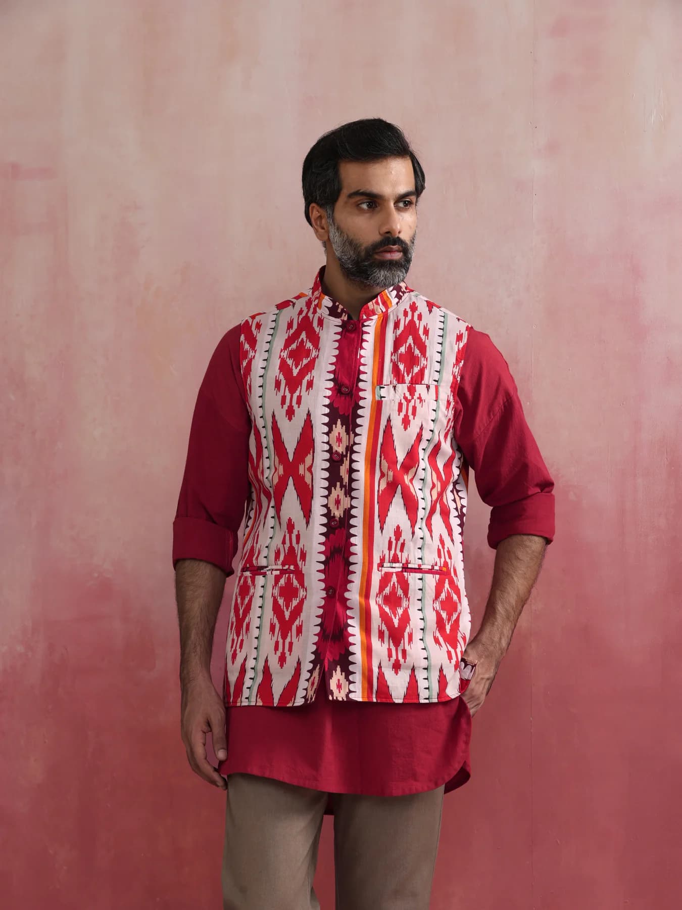Men's Red Festive Printed Regular Fit Jacket