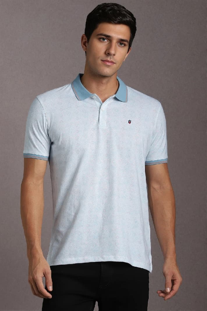 Men's Blue Casual Printed Slim Fit Polo Tshirt