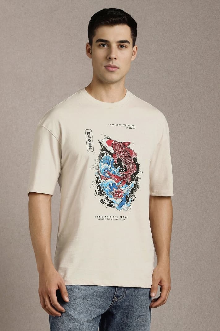 Men's Beige Casual Printed Oversized Fit Tshirt