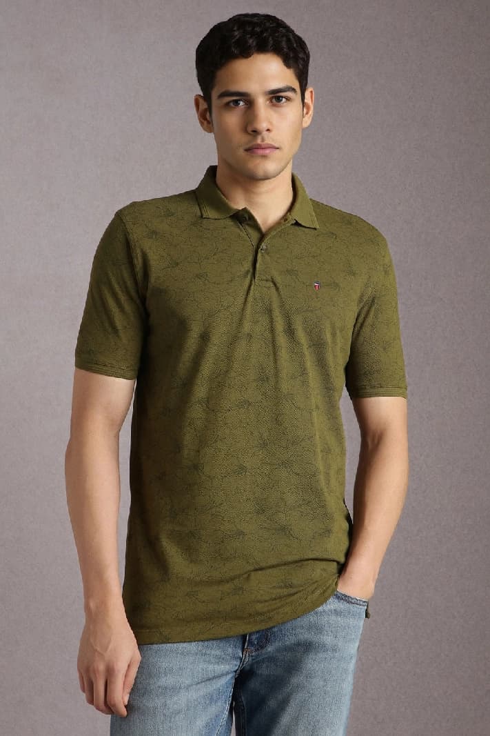 Men's Green Casual Printed Slim Fit Polo Tshirt