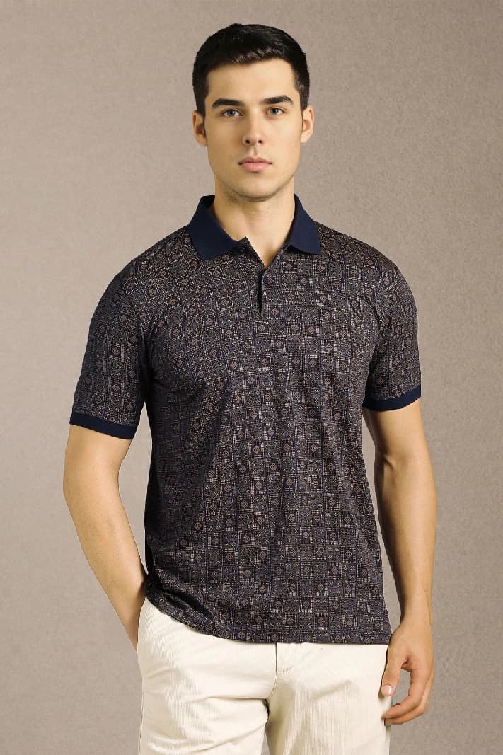 Men's Blue Casual Printed Slim Fit Polo Tshirt