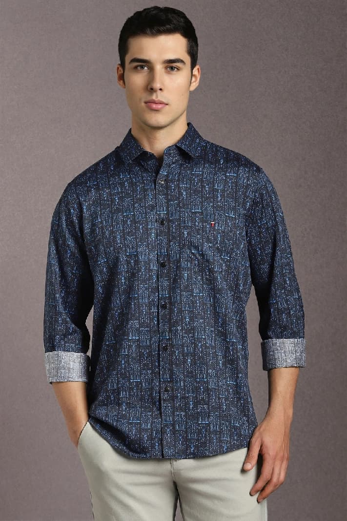 Men's Navy Casual Printed Slim Fit Shirt