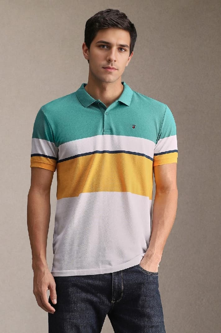 Men's Multicolor Casual Striped Slim Fit Polo Tshirt