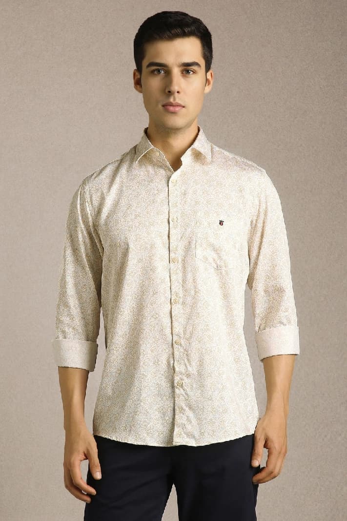 Men's Beige Casual Printed Slim Fit Shirt