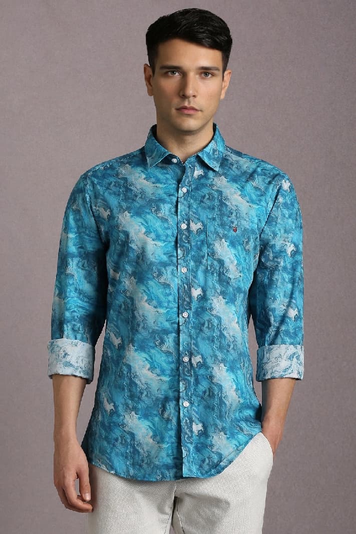 Men's Blue Casual Printed Slim Fit Shirt