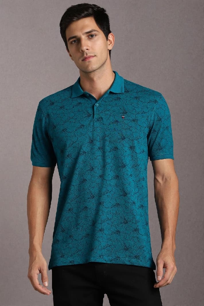 Men's Green Casual Printed Slim Fit Polo Tshirt