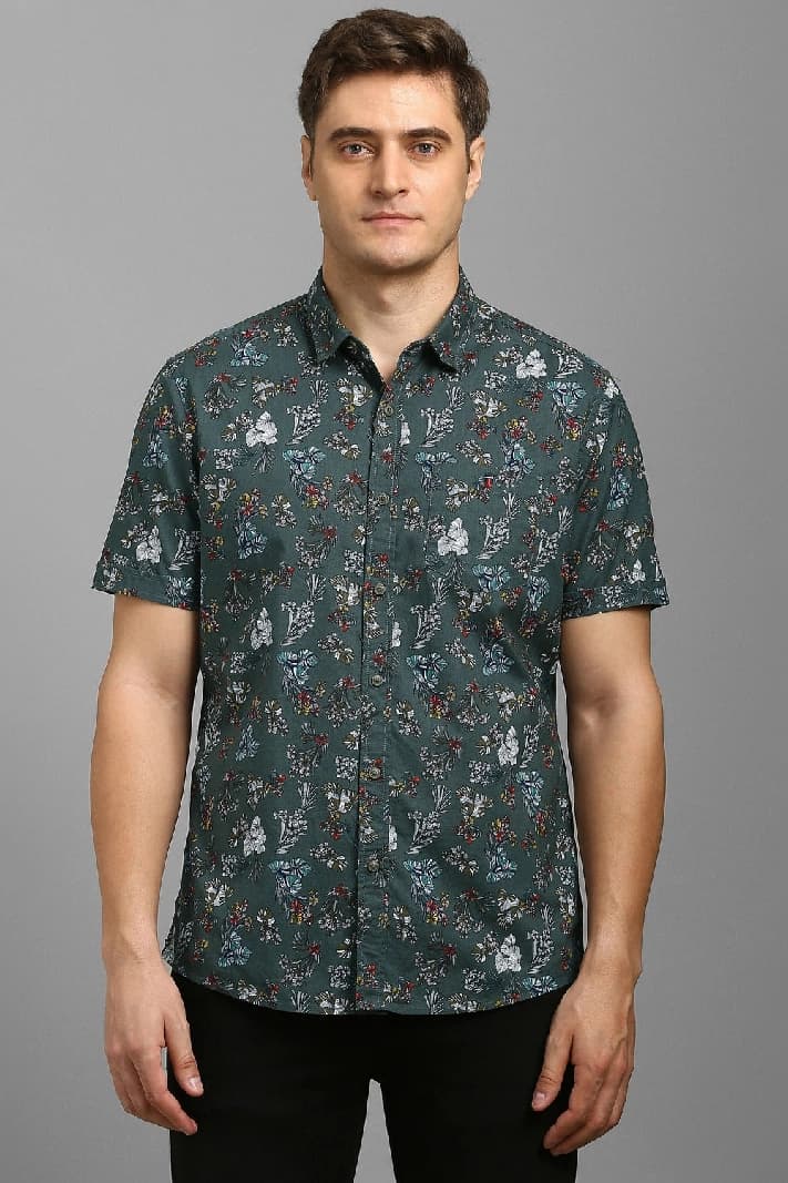 Men's Green Casual Printed Slim Fit Cotton Shirt