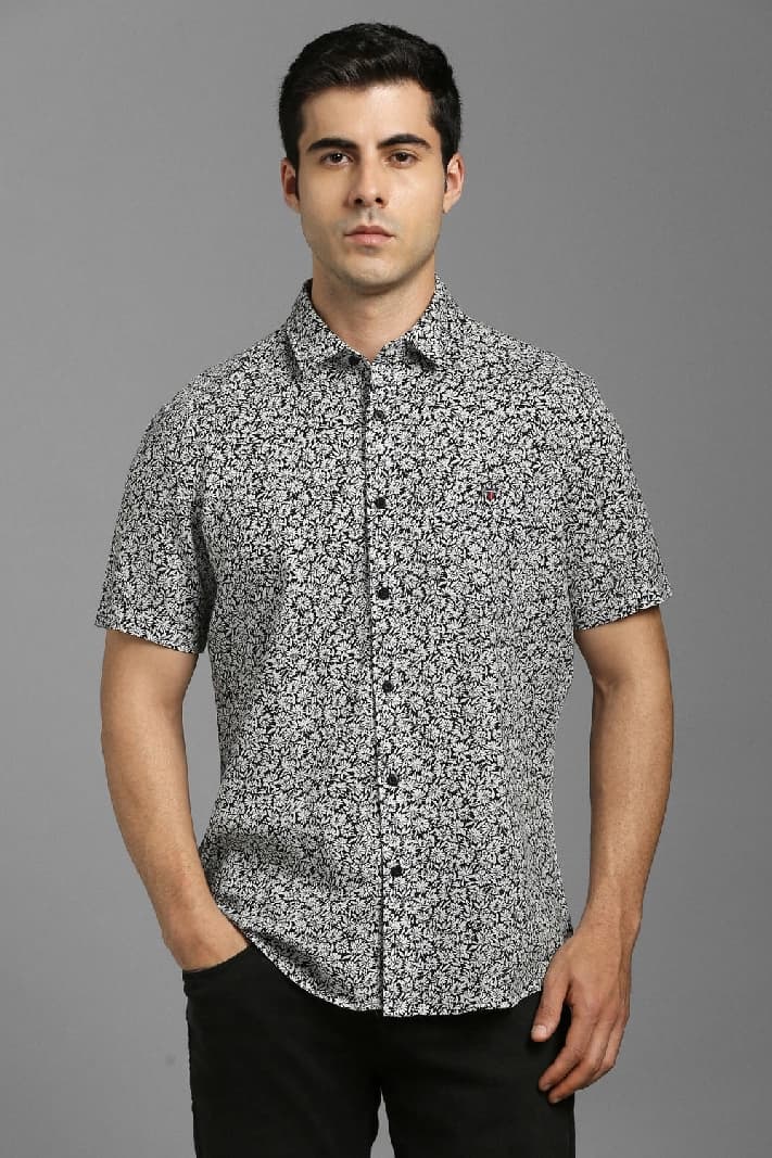 Men's Grey Casual Printed Slim Fit Cotton Shirt