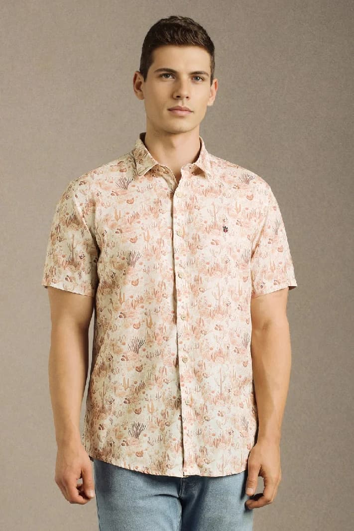 Men's Beige Casual Printed Slim Fit Cotton Shirt