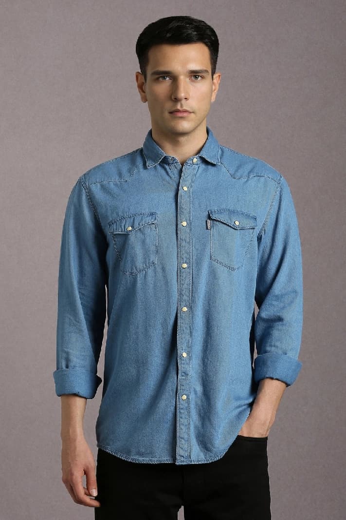 Men's Blue Casual Solid Slim Fit Cotton Shirt