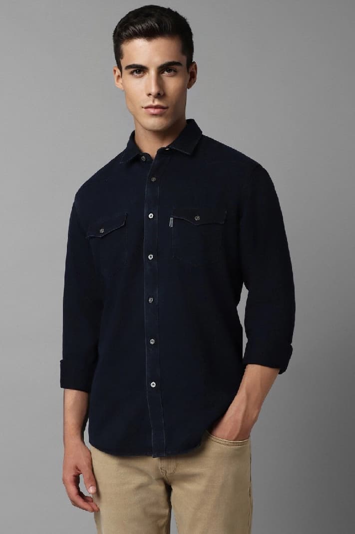 Men's Navy Casual Solid Slim Fit Shirt