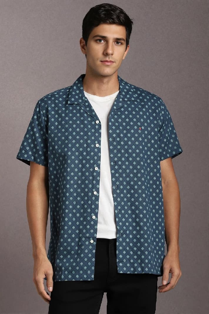 Men's Blue Casual Printed Slim Fit Shirt