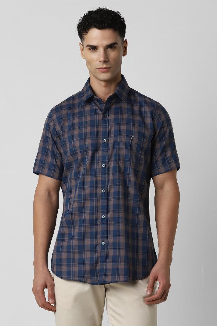 Men's Navy Casual Checked Slim Fit Shirt