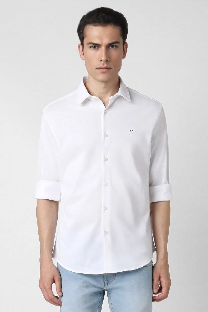 Men's White Casual Solid Slim Fit Cotton Shirt