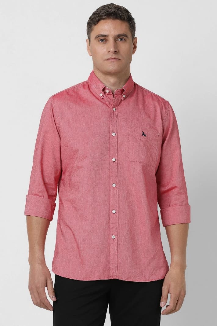 Men's Red Casual Solid Slim Fit Cotton Shirt