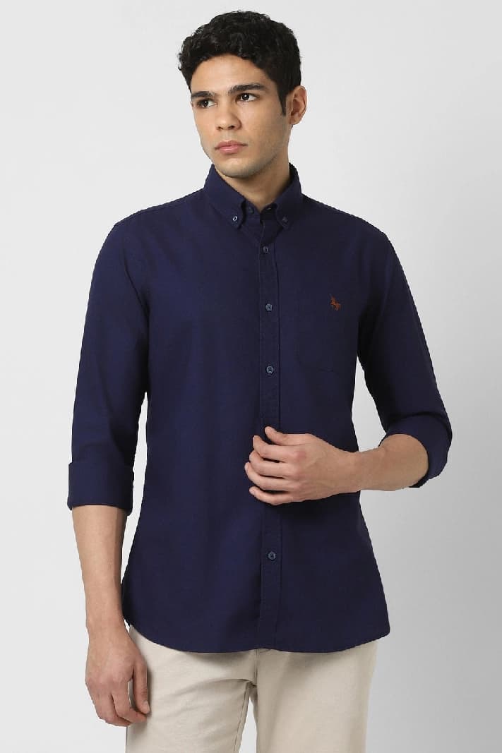 Men's Navy Casual Solid Slim Fit Cotton Shirt