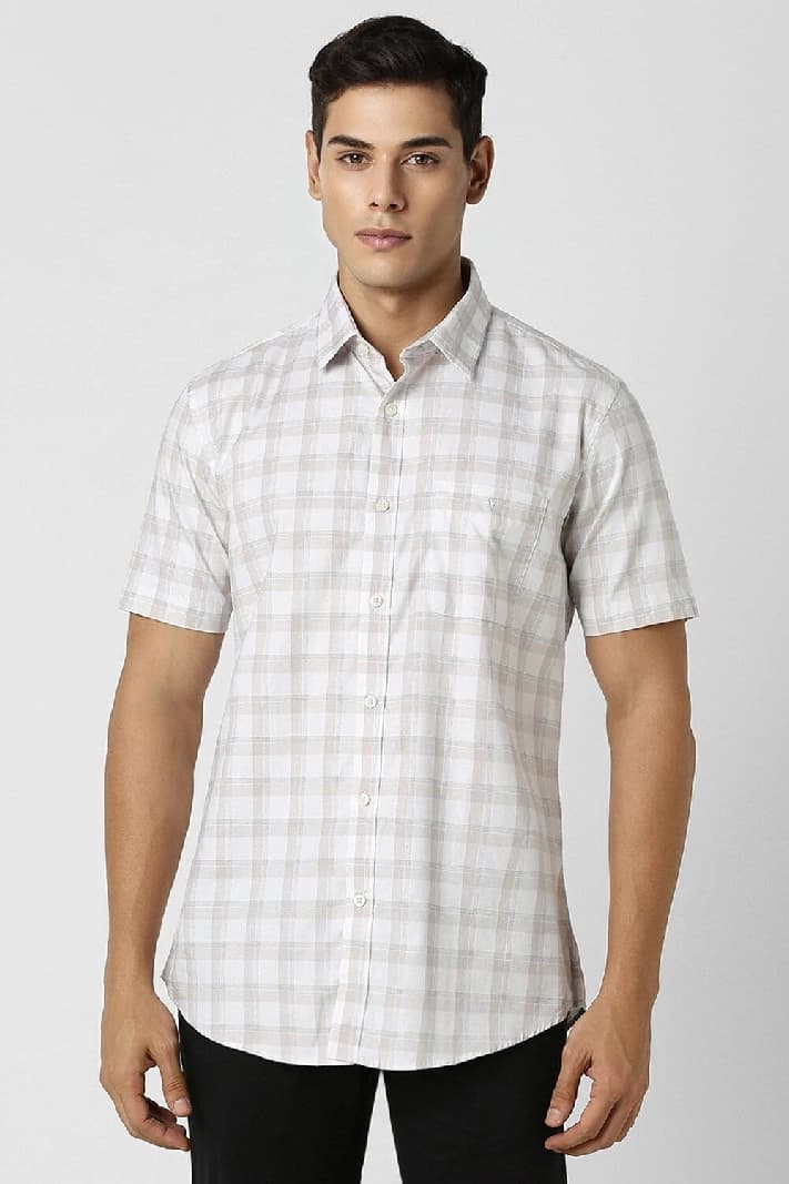 Men's Beige Casual Checked Slim Fit Cotton Shirt