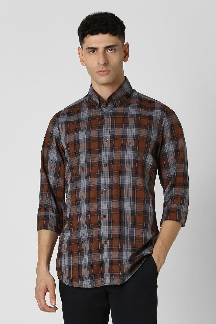 Men's Brown Casual Checked Slim Fit Shirt