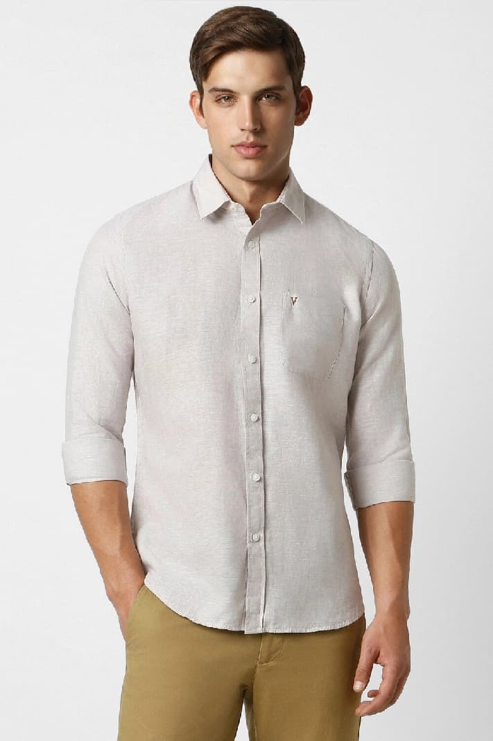 Men's Beige Casual Solid Slim Fit Shirt