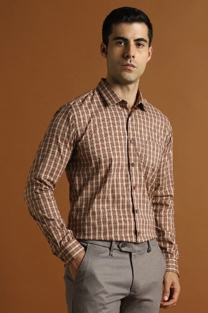 Men's Brown Formal Checked Slim Fit Cotton Shirt