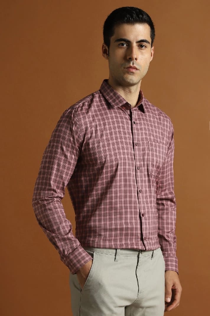 Men's Pink Formal Checked Slim Fit Cotton Shirt