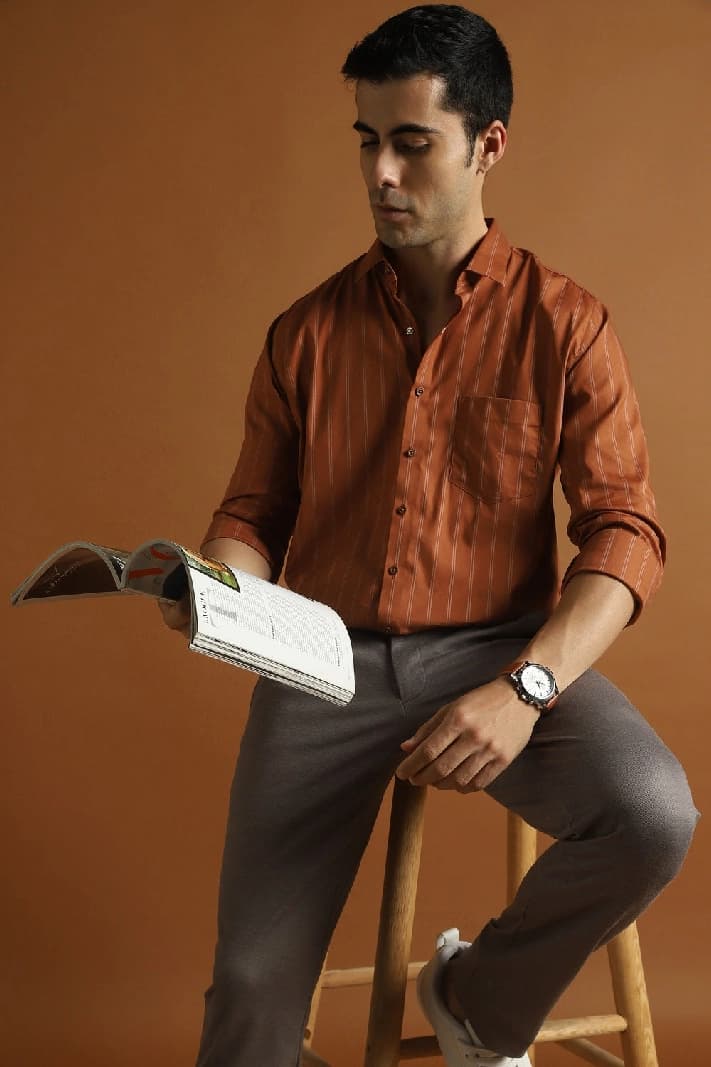 Men's Brown Formal Striped Slim Fit Cotton Shirt