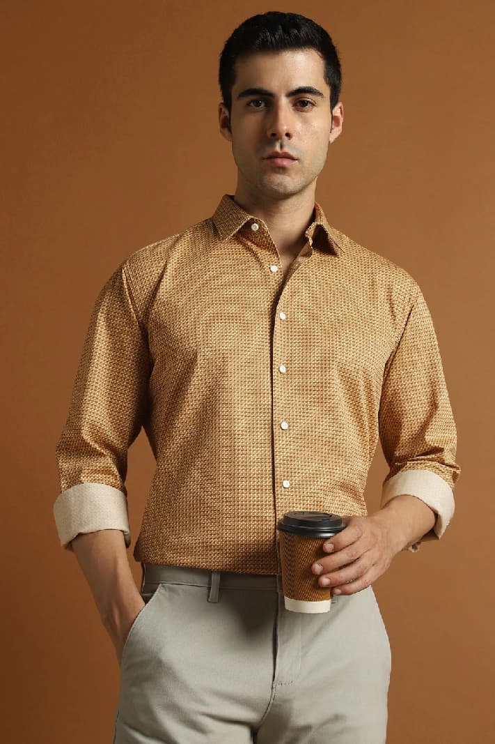 Men's Brown Formal Printed Slim Fit Cotton Shirt
