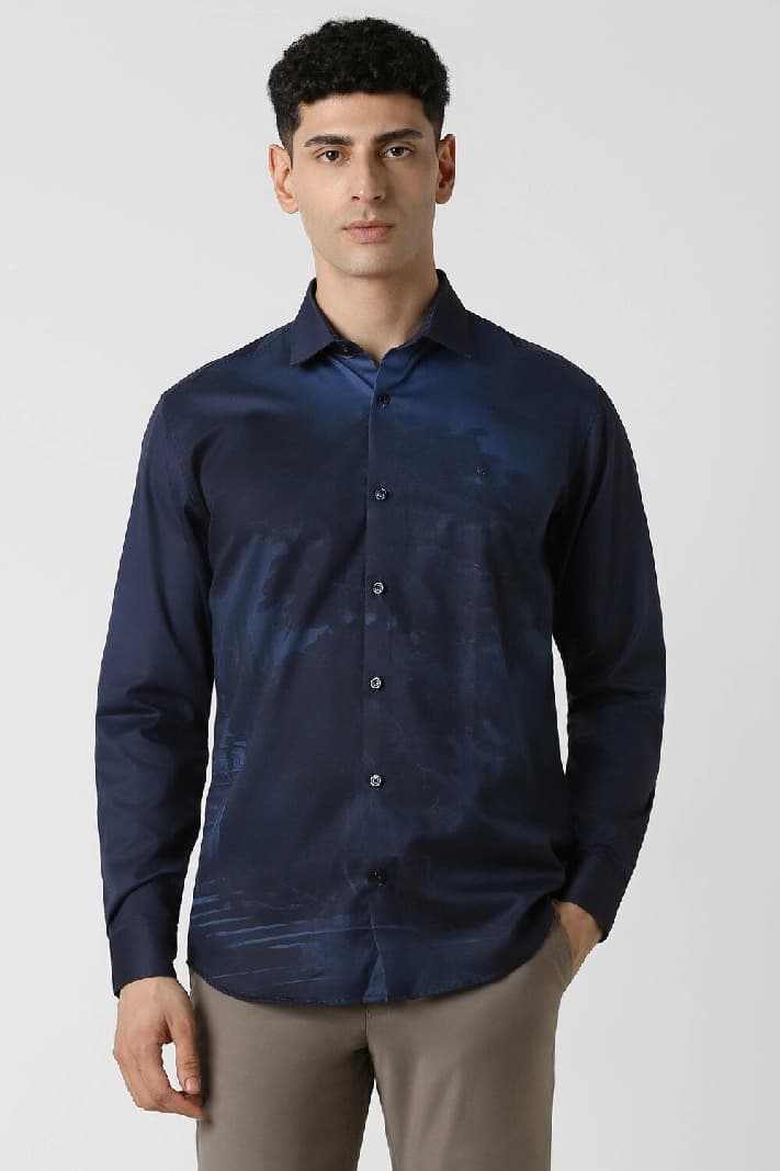 Men's Navy Party Printed Slim Fit Shirt