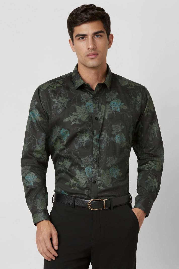 Men's Green Party Printed Slim Fit Cotton Shirt