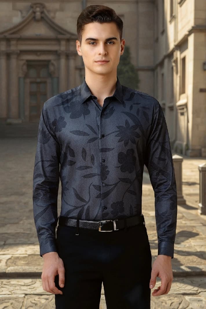 Men's Grey Party Printed Slim Fit Shirt