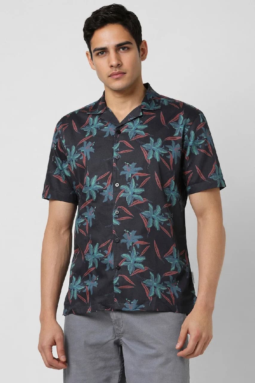 Men's Black Party Printed Regular Fit Cotton Shirt