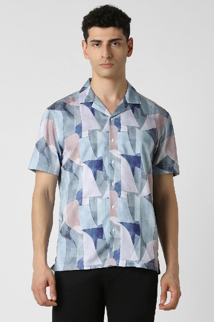 Men's Blue Party Printed Regular Fit Shirt