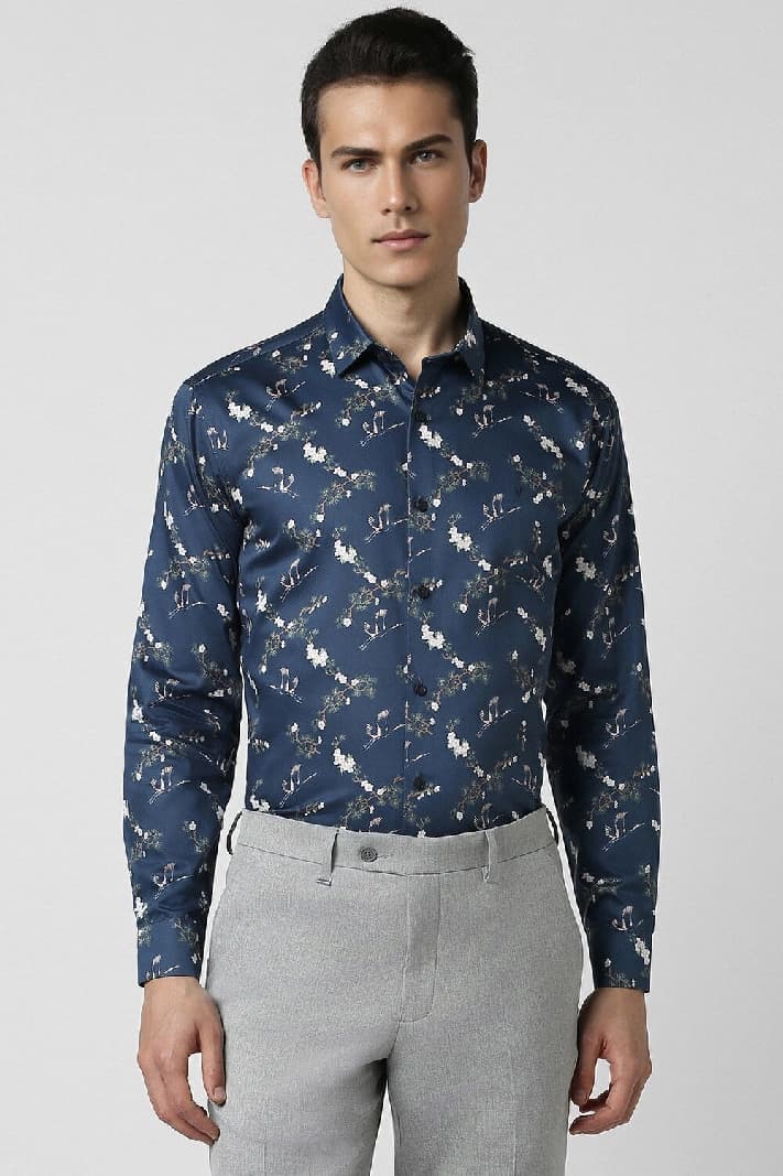 Men's Blue Party Printed Slim Fit Shirt