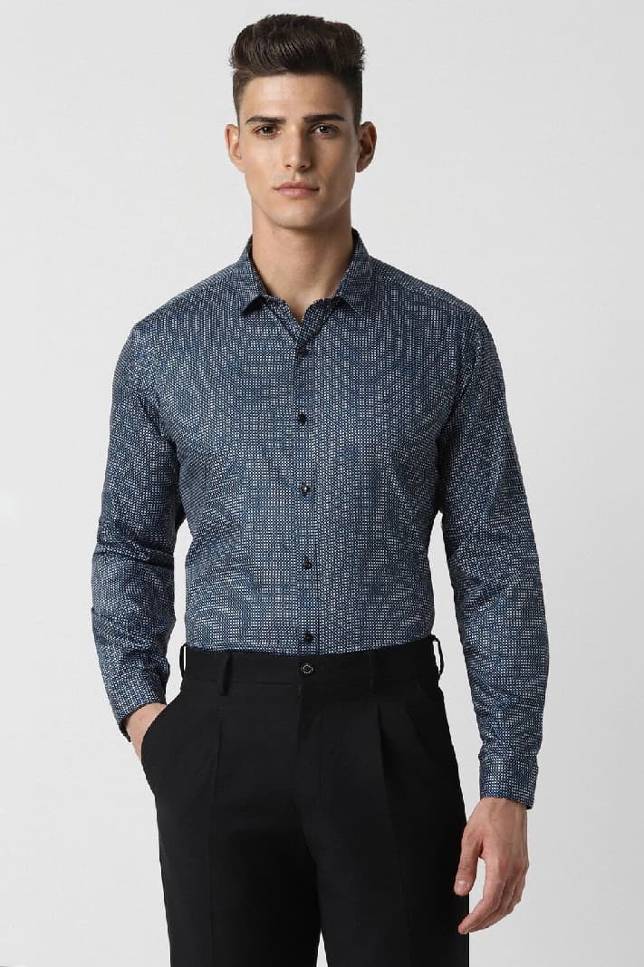 Men's Blue Party Printed Slim Fit Shirt