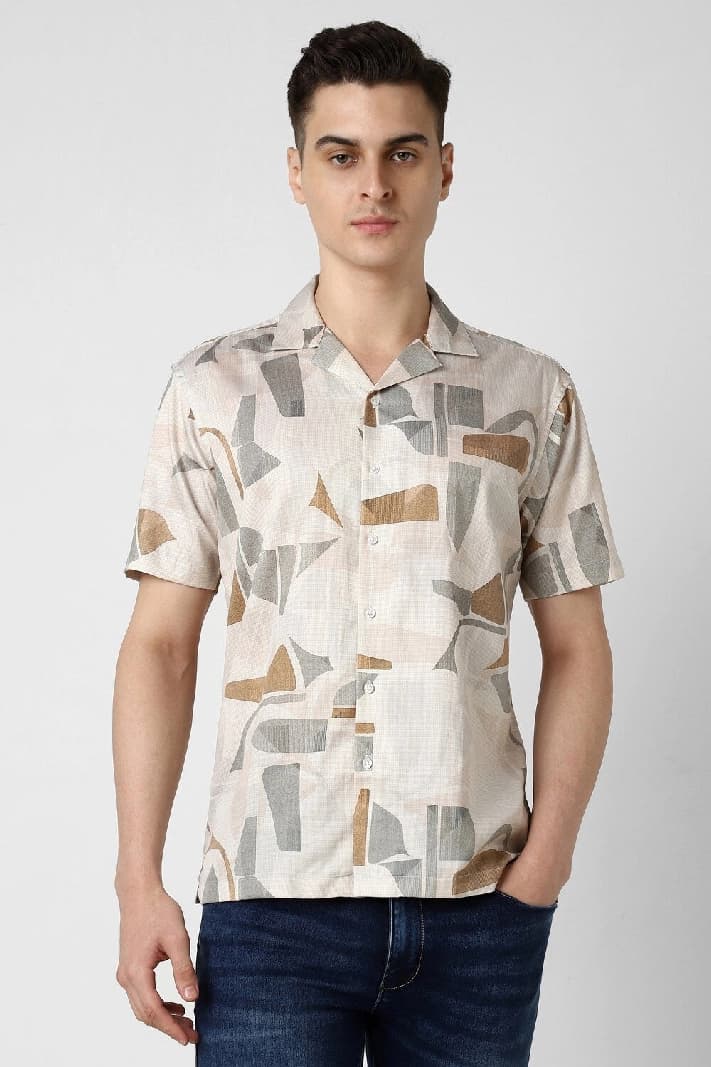 Men's Beige Party Printed Regular Fit Shirt