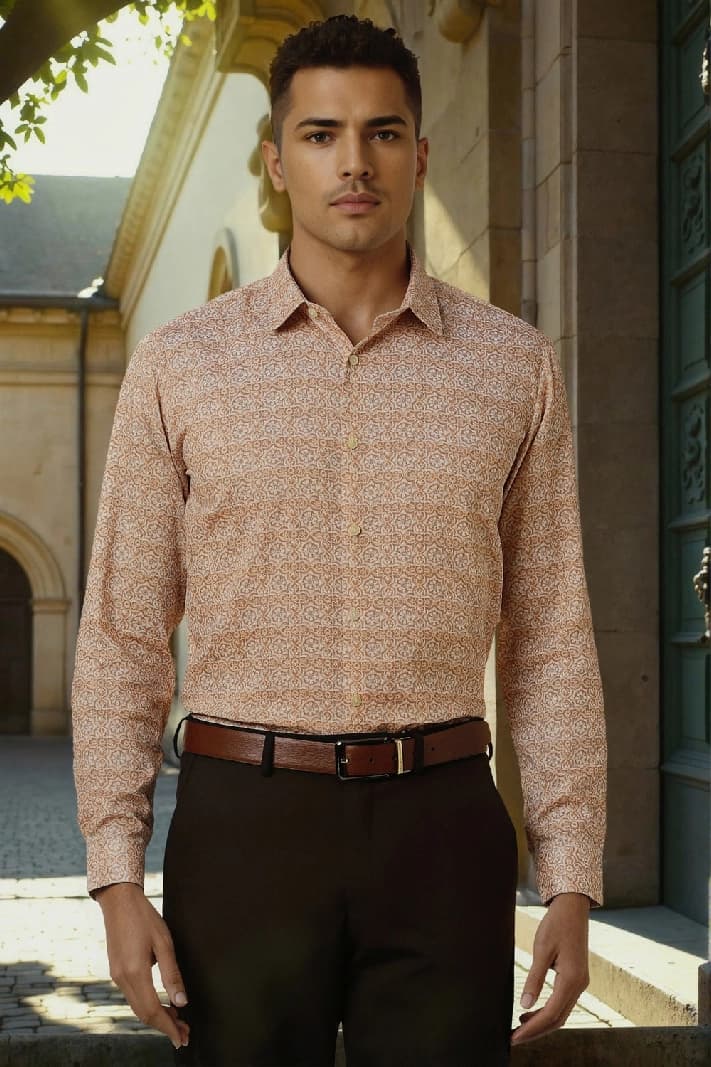 Men's Orange Party Printed Slim Fit Cotton Shirt