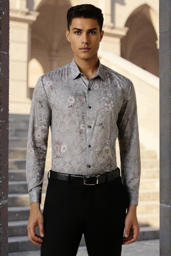 Men's Grey Party Printed Slim Fit Cotton Shirt