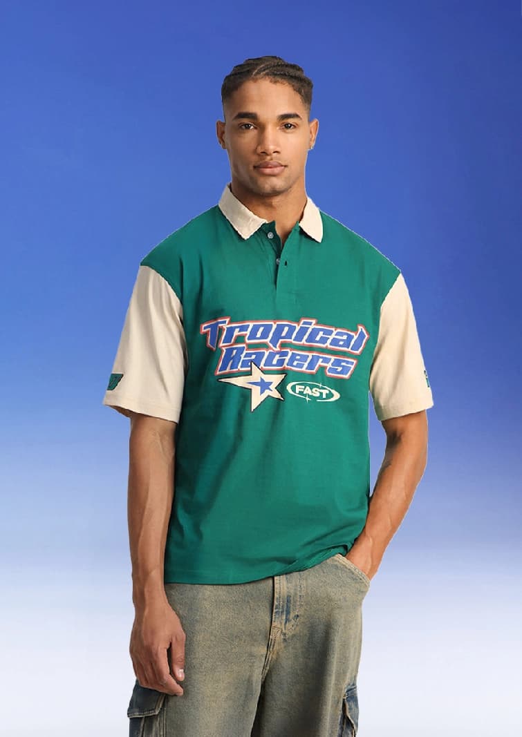 Men's Green Casual Printed Oversized Fit Polo Tshirt