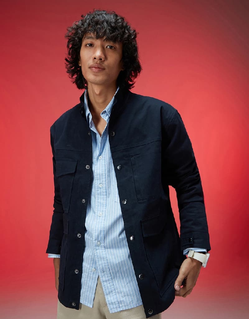 Men's Navy Casual Solid Regular Fit Jacket